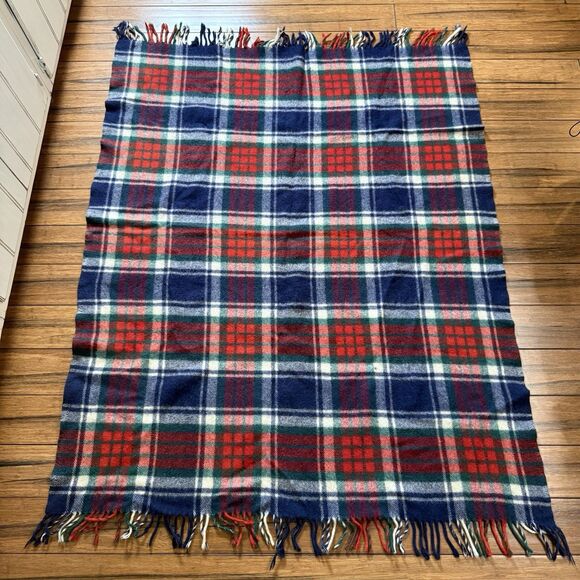 Vintage Wool Blend Navy Red Plaid Throw Blanket Fringed 50”x66” w/Fringe *READ* - Picture 1 of 12
